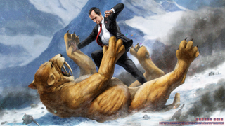 Richard Nixon wields presidential knuckles against a saber-toothed cat